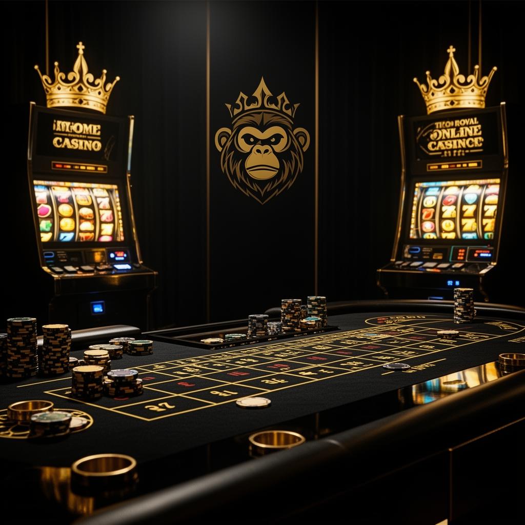 Premium MonkeyTilt casino scene with blackjack table, slot machines, and crowned monkey branding
